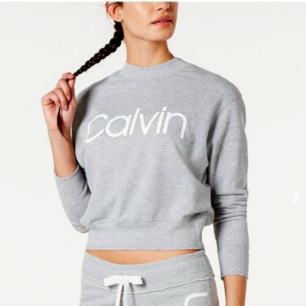 Calvin Klein Grey & White Logo pullover crop sweater